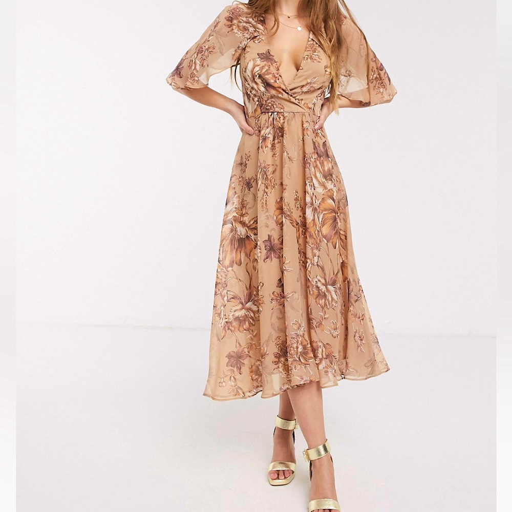 NWOT ASOS DESIGN neutral floral drape sleeve midi dress